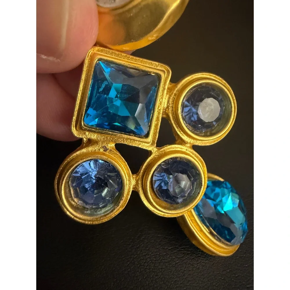 Rhinestone Earrings Mogul Dangle Gold Tone Teal Blue